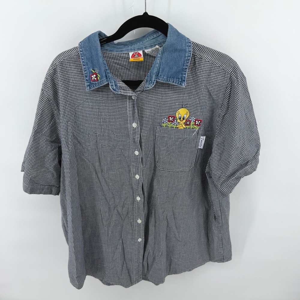 Looney Tunes Shirt Tweety Bird Gingham 18W/20W Black Women Vintage 90s Denim